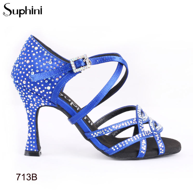 Suphini Latin Salsa Dance Shoes Great Performance High Heel Dance Shoes Blue Satin With Diamond Suphini Latin Dance Shoes