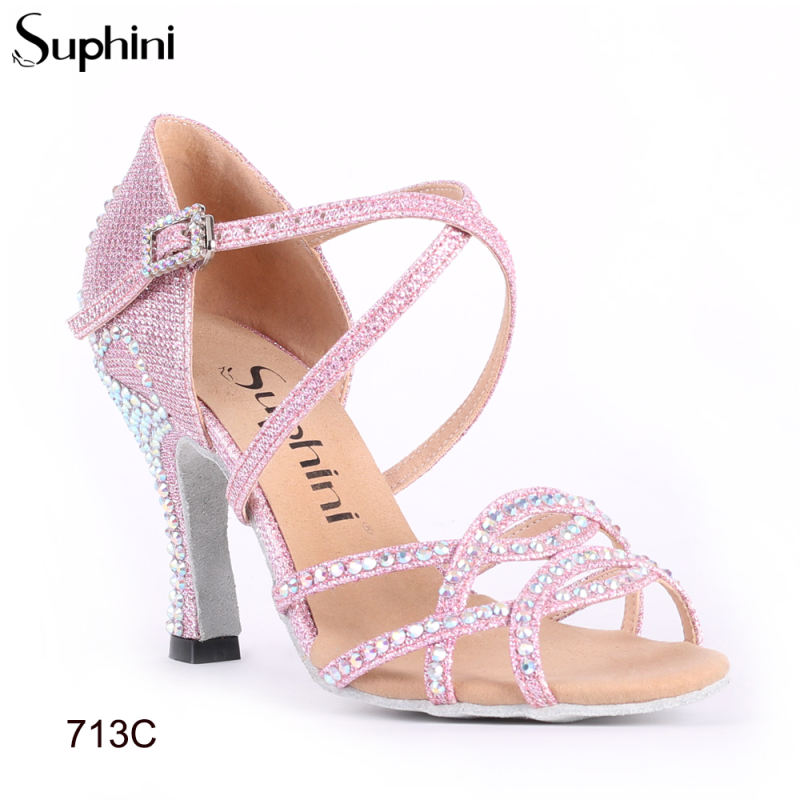 Free Shipping Suphini Handmade 7.5cm Heel Purple Glitter Salsa Latin Shoes Woman Dance Shoes