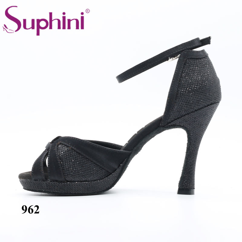 Free Shipping Suphini Micro Fiber High Heel Dance Shoes Black Glitter Open Toe With Platform Latin Dance Shoes