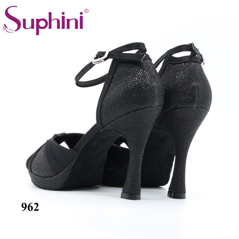 Free Shipping Suphini Micro Fiber High Heel Dance Shoes Black Glitter Open Toe With Platform Latin Dance Shoes