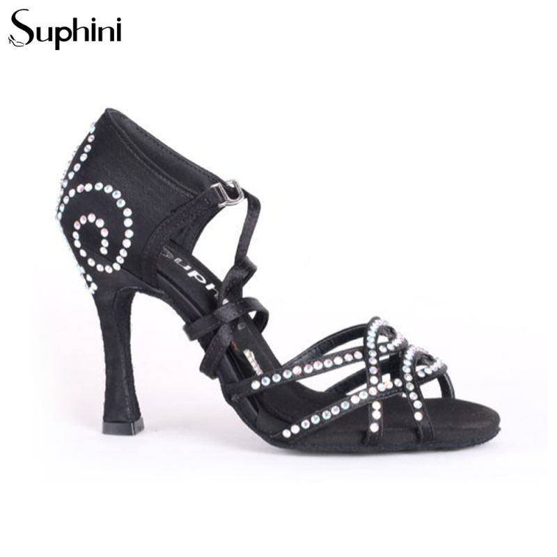 Suphini black satin hand made 10cm classic style hot sale latin dance shoes