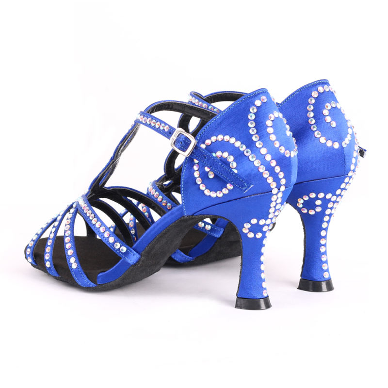 Suphini blue satin with rhinestone practice 7.5cm latin dance shoes