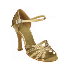 Tan Satin Strap With Rhinestones 10cm Heel Flare Latin Shoes Gold Satin Party Salsa Sandal