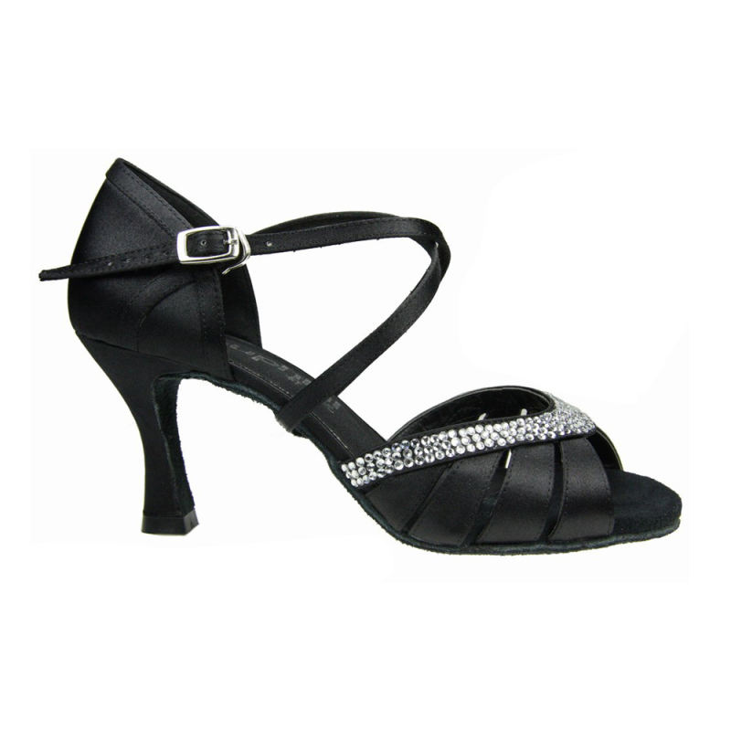 Suphini Free Shipping High Class Black Satin With Rhinestones Handmade Basic Sandals Open Toe Low Heel 7.5cm Latin Salsa Dance Shoes