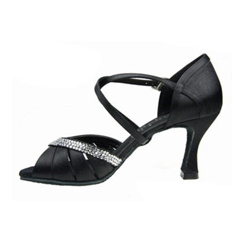 Suphini Free Shipping High Class Black Satin With Rhinestones Handmade Basic Sandals Open Toe Low Heel 7.5cm Latin Salsa Dance Shoes