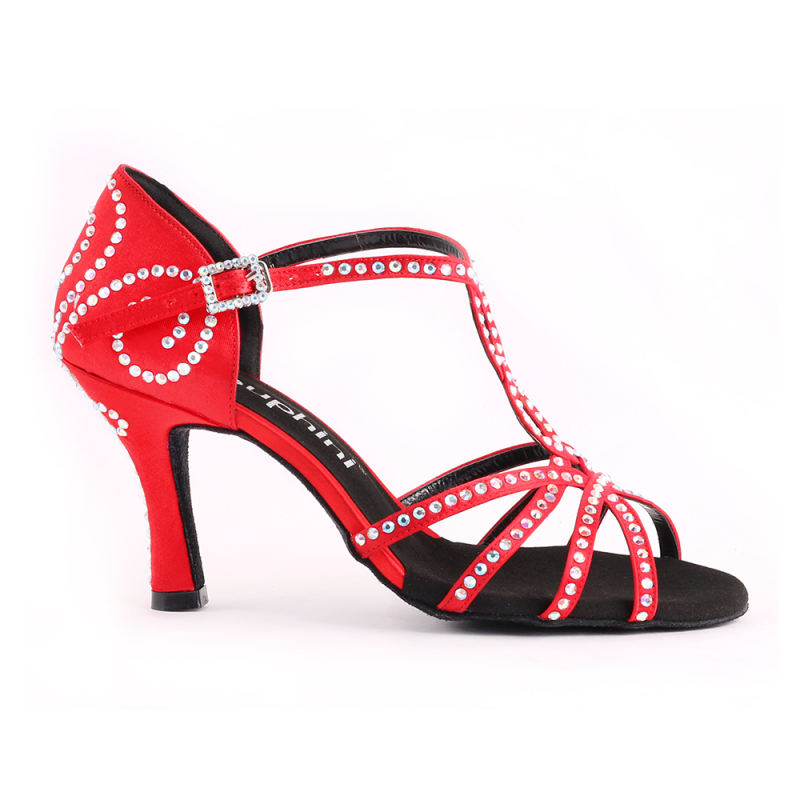Suphini free shipping high class red satin ankle strap 7.5cm latin dance shoes