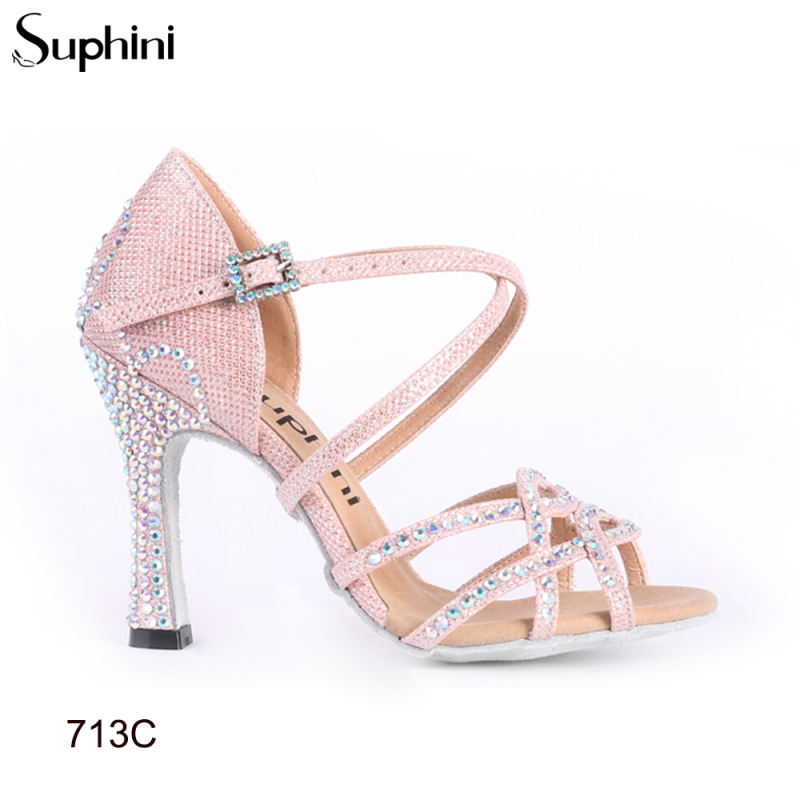 Free Shipping Suphini Competition 8cm Heel PINK Glitter Salsa Latin Shoes Woman Dance Shoes