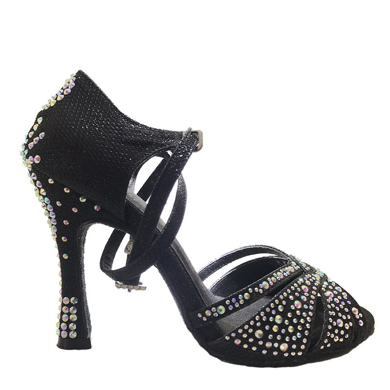 Suphini Free Shipping Worldwide Open Small Toe Black Glitter Sparkle Crystal 10cm High Heel Professional Latin Salsa Dance Shoes
