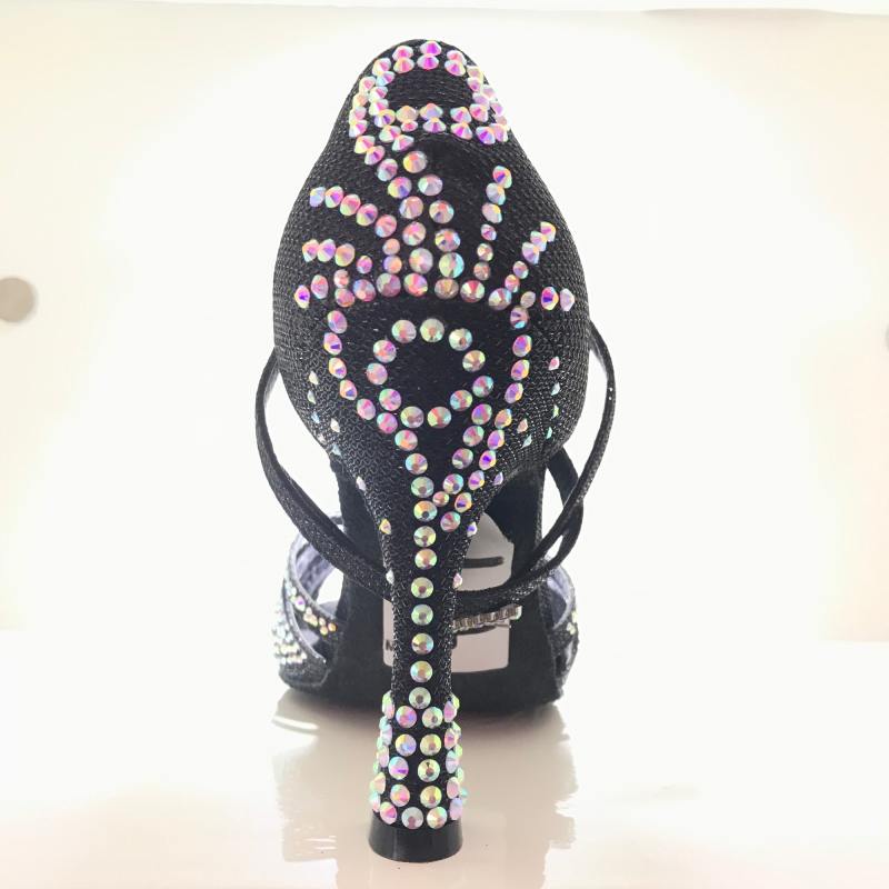 Suphini Free Shipping Worldwide Open Small Toe Black Glitter Sparkle Crystal 10cm High Heel Professional Latin Salsa Dance Shoes