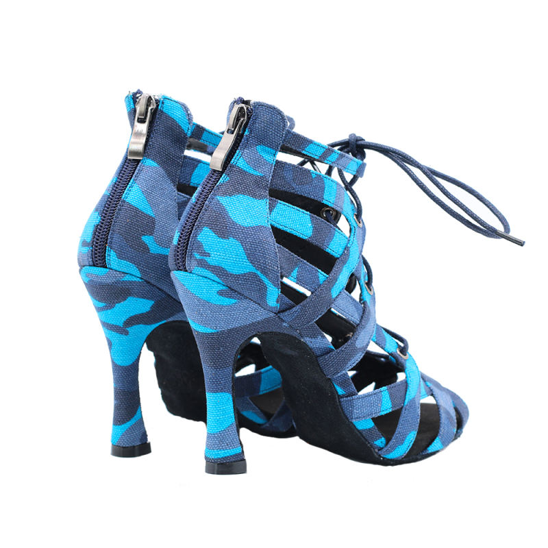 Free Shipping Suphini 10cm Heel Sexy Cool Blue Camouflage Fabric Ankle Lace-Up Latin Salsa Dance Boots