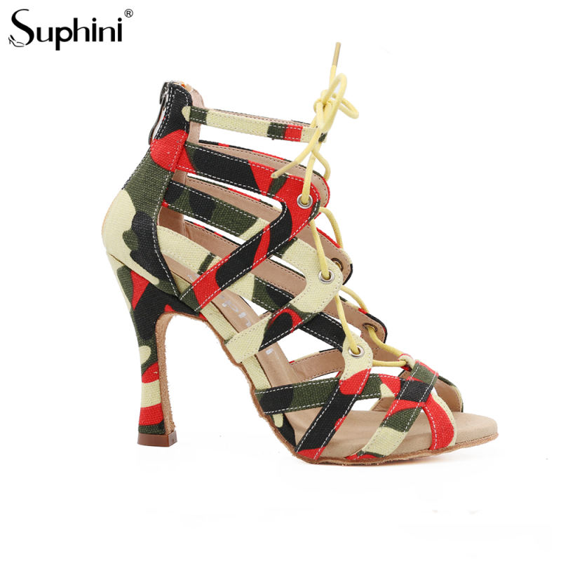 Free Shipping Suphini 10cm Heel Sexy Cool Orange Camouflage Fabric Ankle Lace-Up Latin Salsa Dance Boots