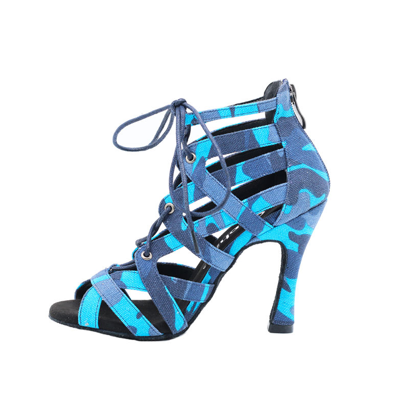 Free Shipping Suphini 10cm Heel Sexy Cool Blue Camouflage Fabric Ankle Lace-Up Latin Salsa Dance Boots