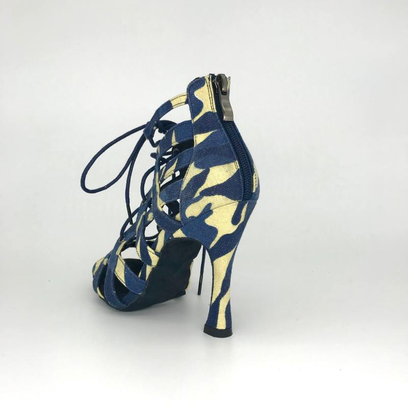 Free Shipping Suphini 10cm Heel Sexy Cool Girl Indigo Color Camouflage Fabric Ankle Lace-Up Latin Salsa Dance Boots