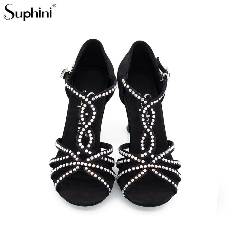 Suphini hand made high quality black satin upper 7.5cm latin dance shoes