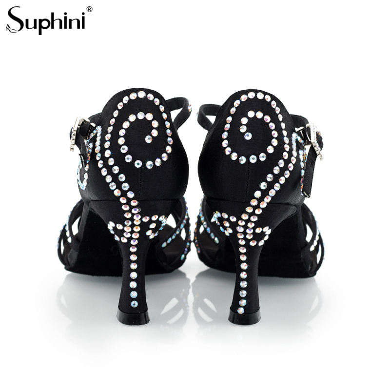 Suphini hand made high quality black satin upper 7.5cm latin dance shoes