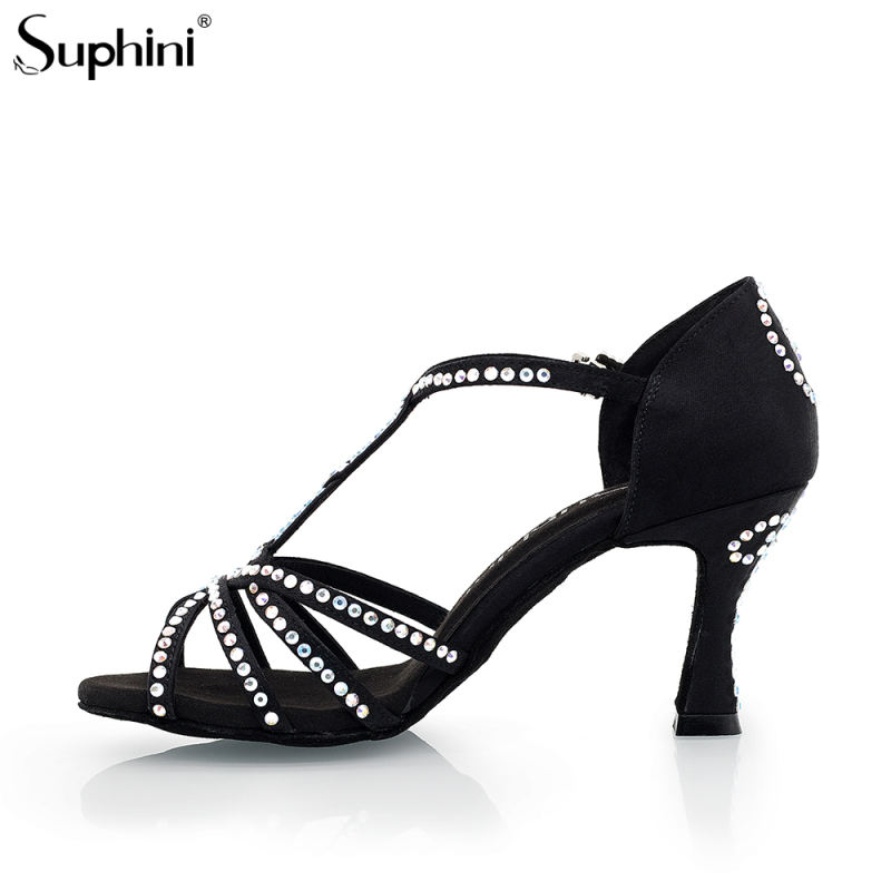 Suphini hand made high quality black satin upper 7.5cm latin dance shoes