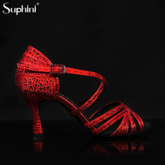 Suphini Salsa Latin Dance Shoes Hot Sell High Heel Dance Shoes Deep Tan Satin All Diamond 7.5cm Low Heel Latin Dance Shoes