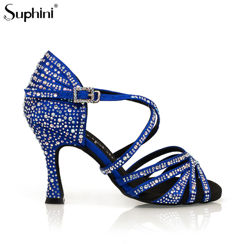 Suphini Salsa Latin Dance Shoes Hot Sell High Heel Dance Shoes Deep Tan Satin All Diamond 7.5cm Low Heel Latin Dance Shoes