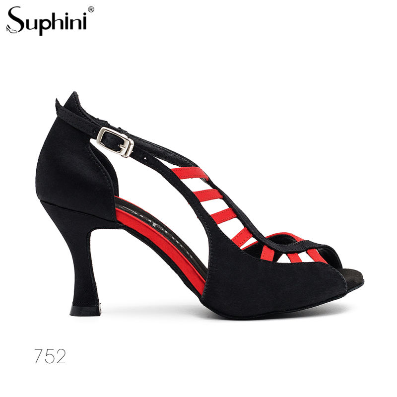 Free Shipping Suphini Hot Sell Hand Made High Heel Dance Shoes Black Satin With Rhinestone Open Toe Ballroom Dance Shoes
