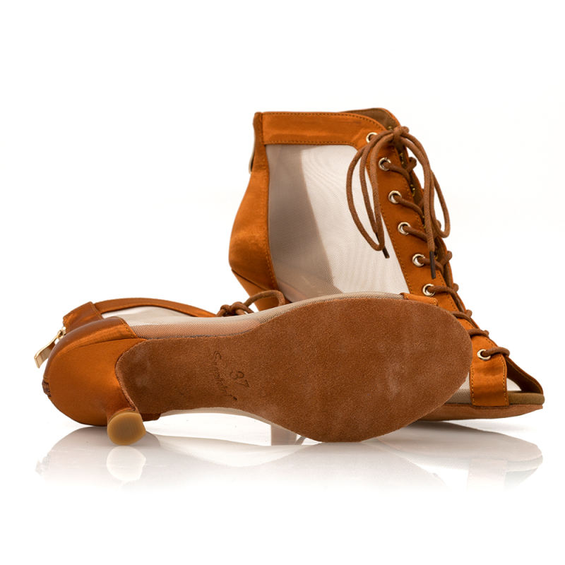 【Havana Calling】Bronze Satin Lace Up Mesh 8.5cm Boots