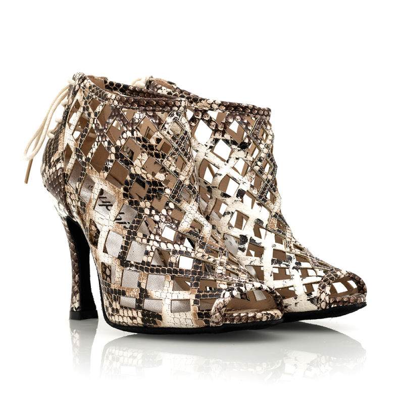 【Fever Pitch】Snake Skin Outs Lace Up 10cm Flare Heel Boots