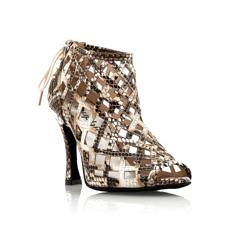 【Fever Pitch】Snake Skin Outs Lace Up 10cm Flare Heel Boots