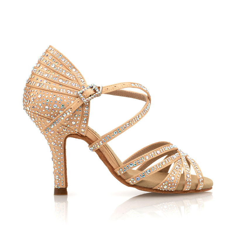 【Kira】Crystal 5 Strap Champagne Satin 8.5cm Slim Heel Sandals