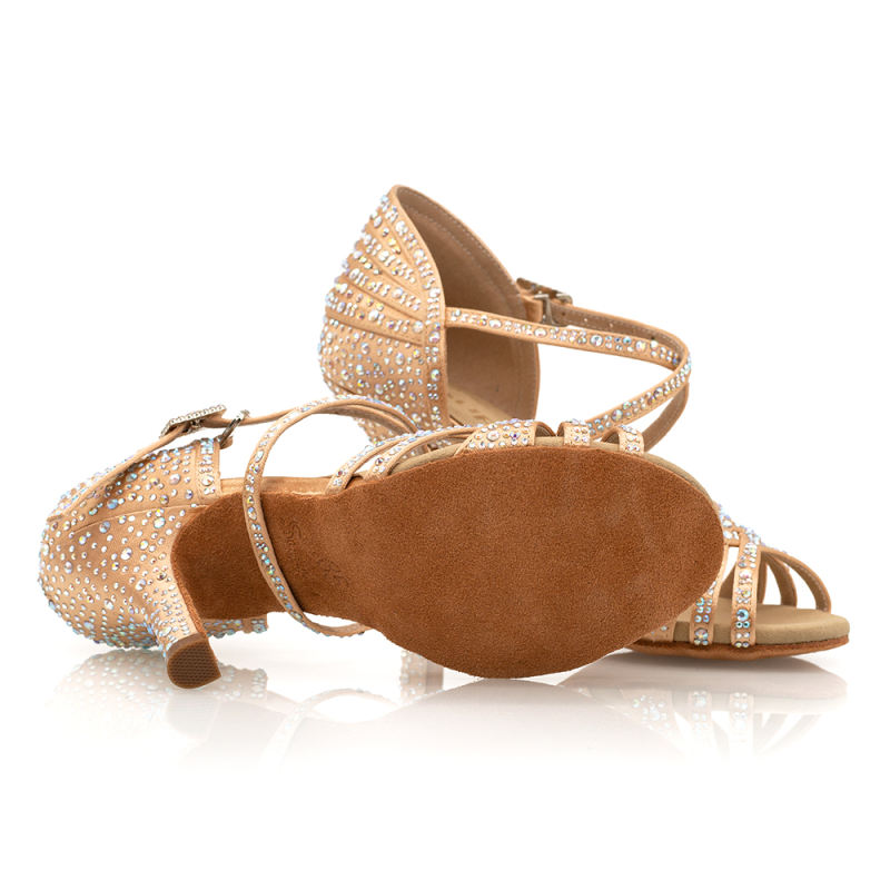 【Kira】Crystal 5 Strap Champagne Satin 8.5cm Slim Heel Sandals