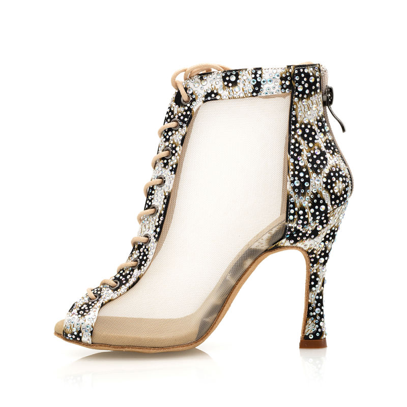 【Peligro】Leopard Print Crystal Salsa 10cm Heels Dance Boots