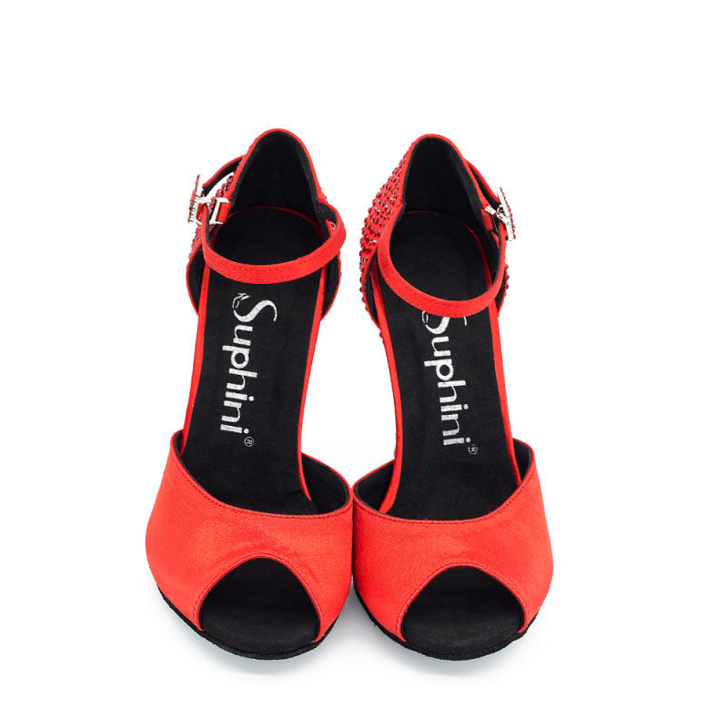 【Light my fire】Red Satin 10cm Open Toe 10cm Flare Heel Sandals