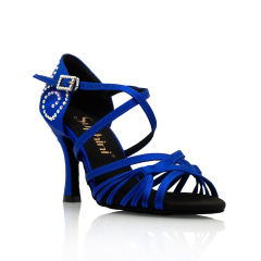 【Tatiana】Blue Satin Cross Strap 8.5cm Flare Heel Sandals