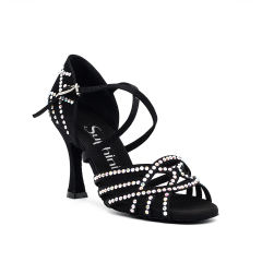 【Mamacita】 Black Satin X Strap 8.5cm Heel Salsa Bachata Latin Dance Sandal