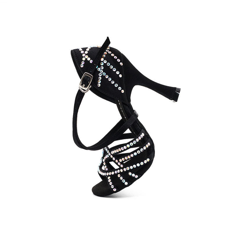 【Mamacita】 Black Satin X Strap 8.5cm Heel Salsa Bachata Latin Dance Sandal