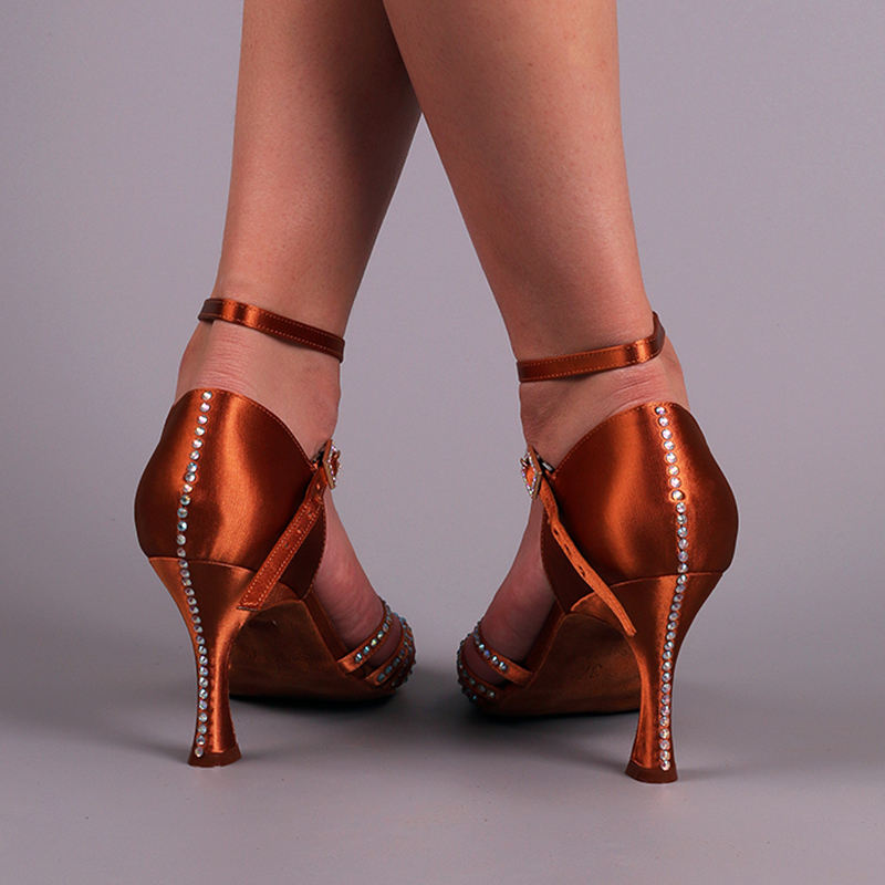 【Jojo】Semi Crystal 5 Straps With Knot Deep Tan Satin Dance Shoes