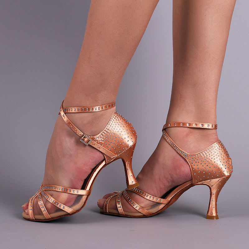 【I Do】Small Open Toe Champagne Pink Satin Mesh With Crystal Dance Shoes
