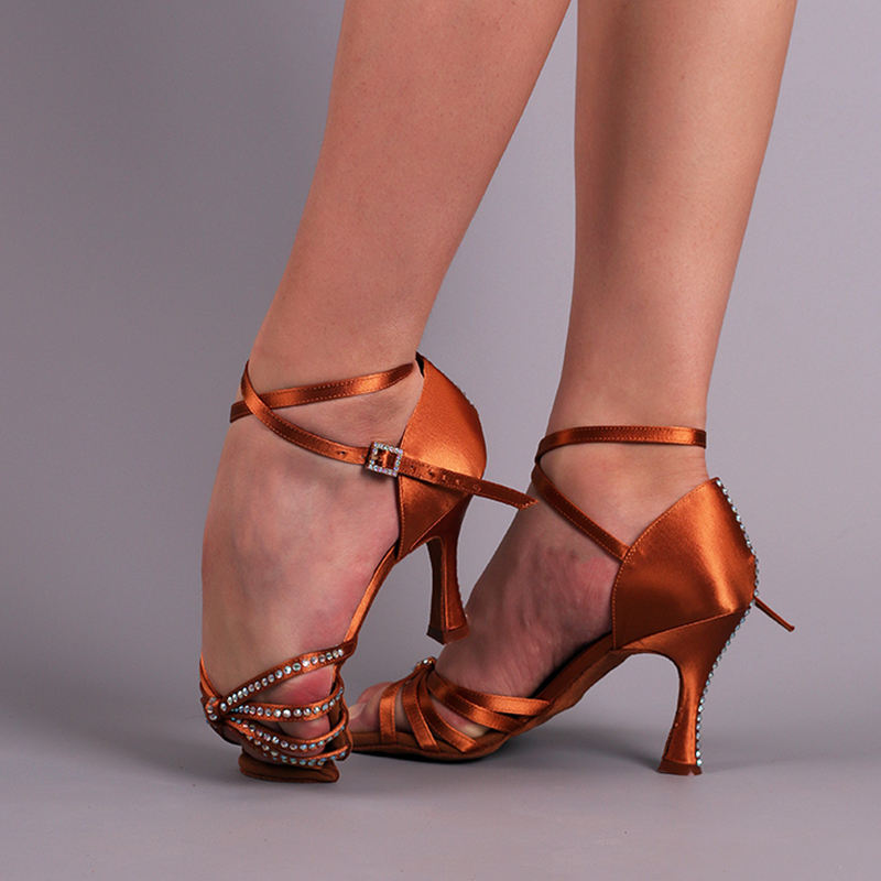 【Jojo】Semi Crystal 5 Straps With Knot Deep Tan Satin Dance Shoes