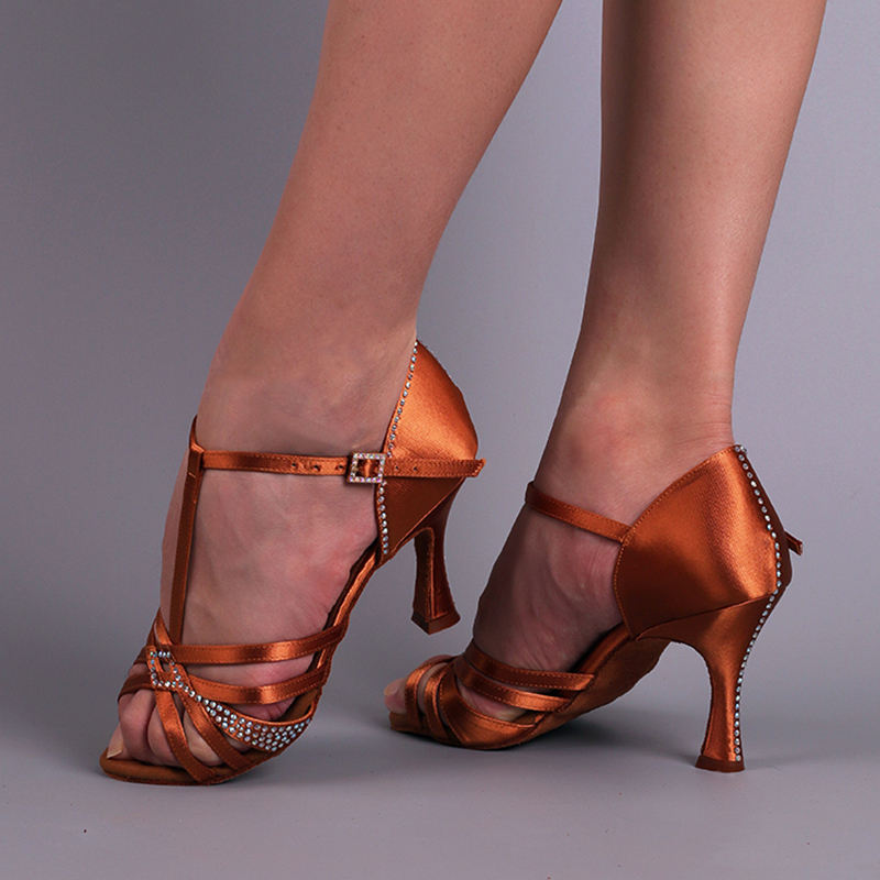 【Semi-Deja Vu】Semi Crystal T Straps Deep Tan Satin Dance Shoes