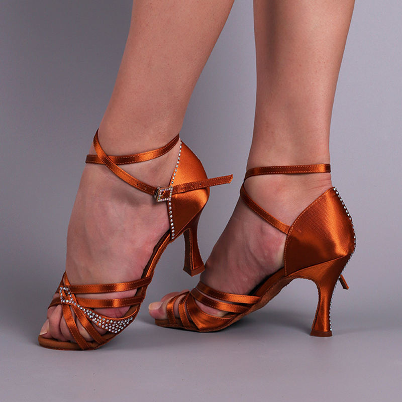 【Semi-Deborah】Semi Crystal 5 Straps Deep Tan Satin 8.5cm Dance Shoes