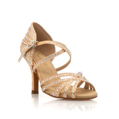 【Kira】Crystal 5 Strap Champagne Satin 8.5cm Slim Heel Sandals