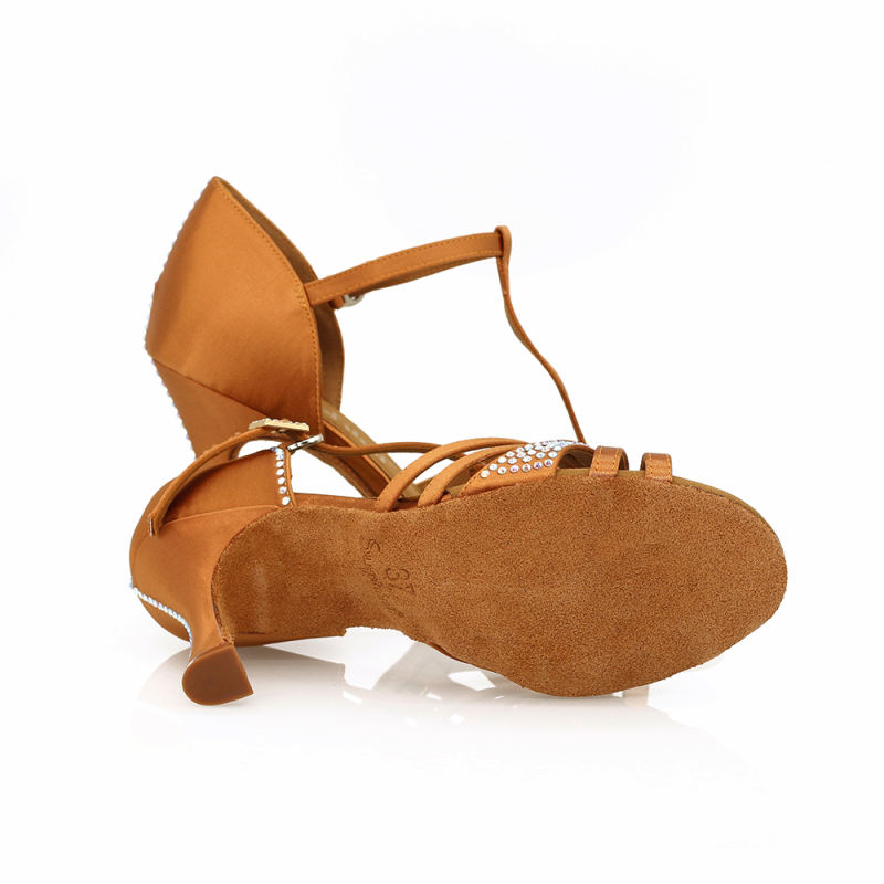 【Semi-Deja Vu】Semi Crystal T Straps Deep Tan Satin Dance Shoes