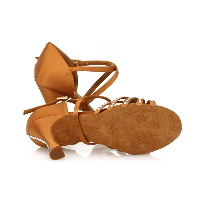 【Jojo】Semi Crystal 5 Straps With Knot Deep Tan Satin Dance Shoes