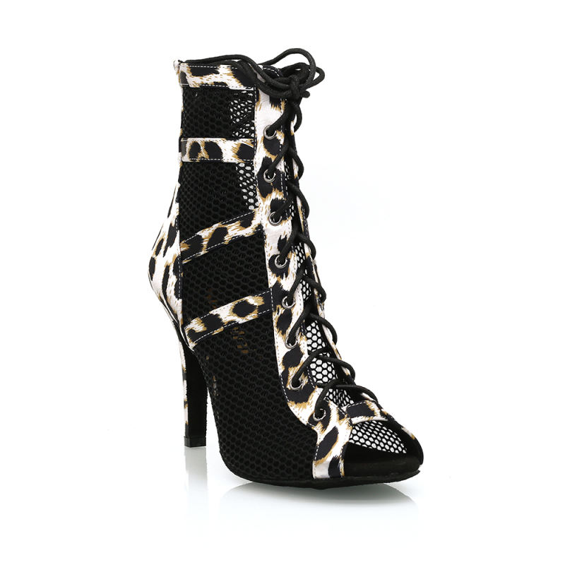 【Jaguar Grace】ZIP Lace Up Leopard Satin With Mesh 9.5cm Heels Dance Ankle Boots