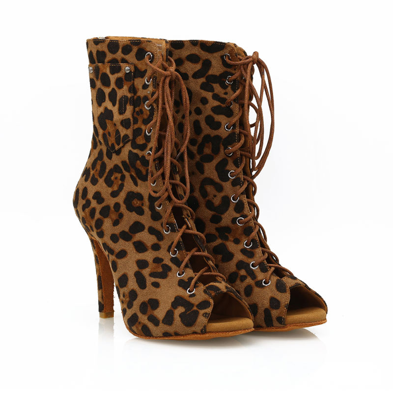 【Cheetah Charm】ZIP Lace Up Brown Leopard Small Open Toe 9.5cm Heels Dance Over Ankle Boots