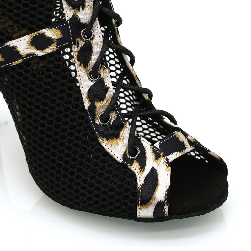 【Jaguar Grace】ZIP Lace Up Leopard Satin With Mesh 9.5cm Heels Dance Ankle Boots