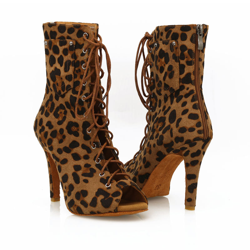 【Cheetah Charm】ZIP Lace Up Brown Leopard Small Open Toe 9.5cm Heels Dance Over Ankle Boots