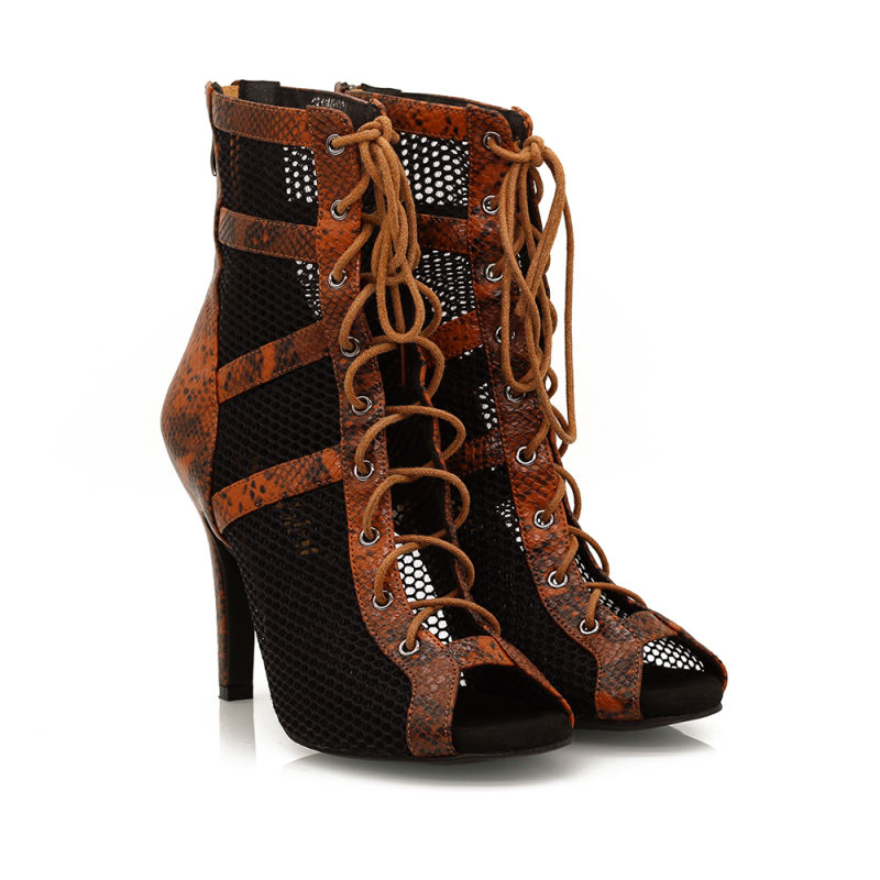 【Viper Verve】ZIP Lace Up Brown Snake Skin With Mesh 9.5cm Heels Dance Ankle Boots