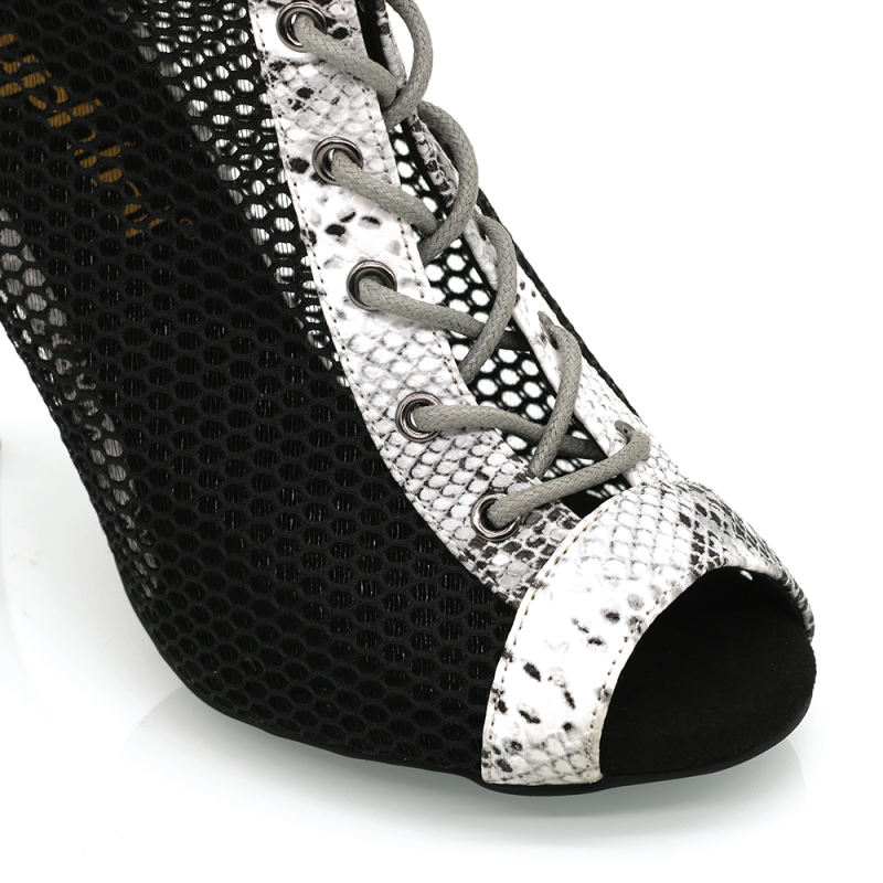 【Coldblooded】Gray Snake Skin Ankle Bukle With Mesh 8.5cm Heels Dance Ankle Boots