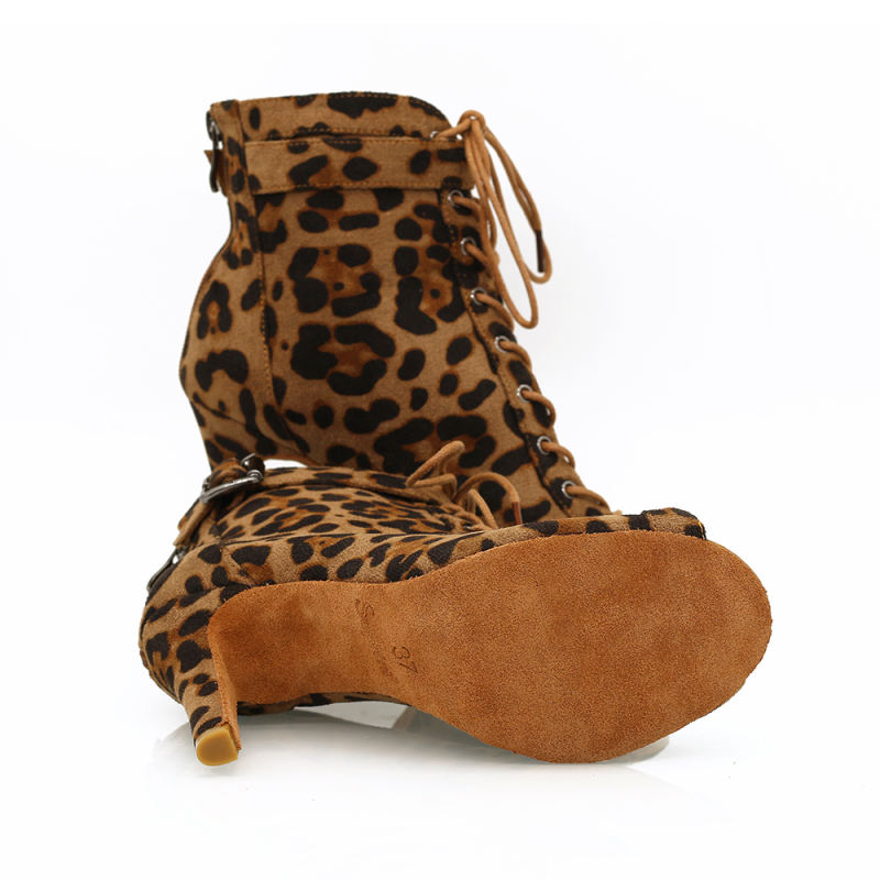 【Sleek Spots】ZIP Lace Up Brown Leopard Small Open Toe 9.5cm Heels Dance Ankle Boots