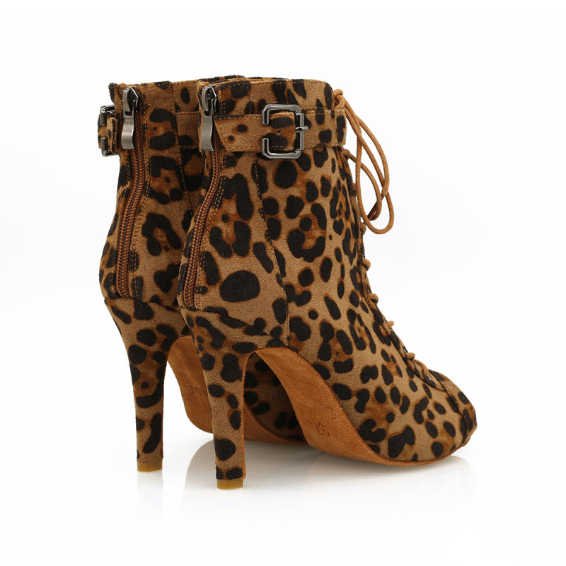 【Sleek Spots】ZIP Lace Up Brown Leopard Small Open Toe 9.5cm Heels Dance Ankle Boots