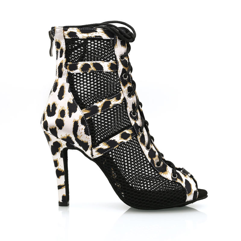 【Jaguar Grace】ZIP Lace Up Leopard Satin With Mesh 9.5cm Heels Dance Ankle Boots